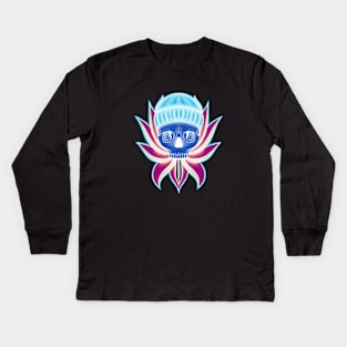 Blue and Pink Neon Skull with Hat in Lotus flower T-Shirt Kids Long Sleeve T-Shirt